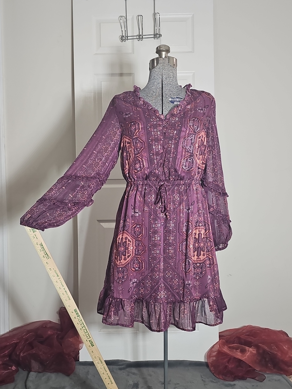 Frye and Co Royal Plum Metallic Lurex Paisley Boho Mini Dress Small NWT